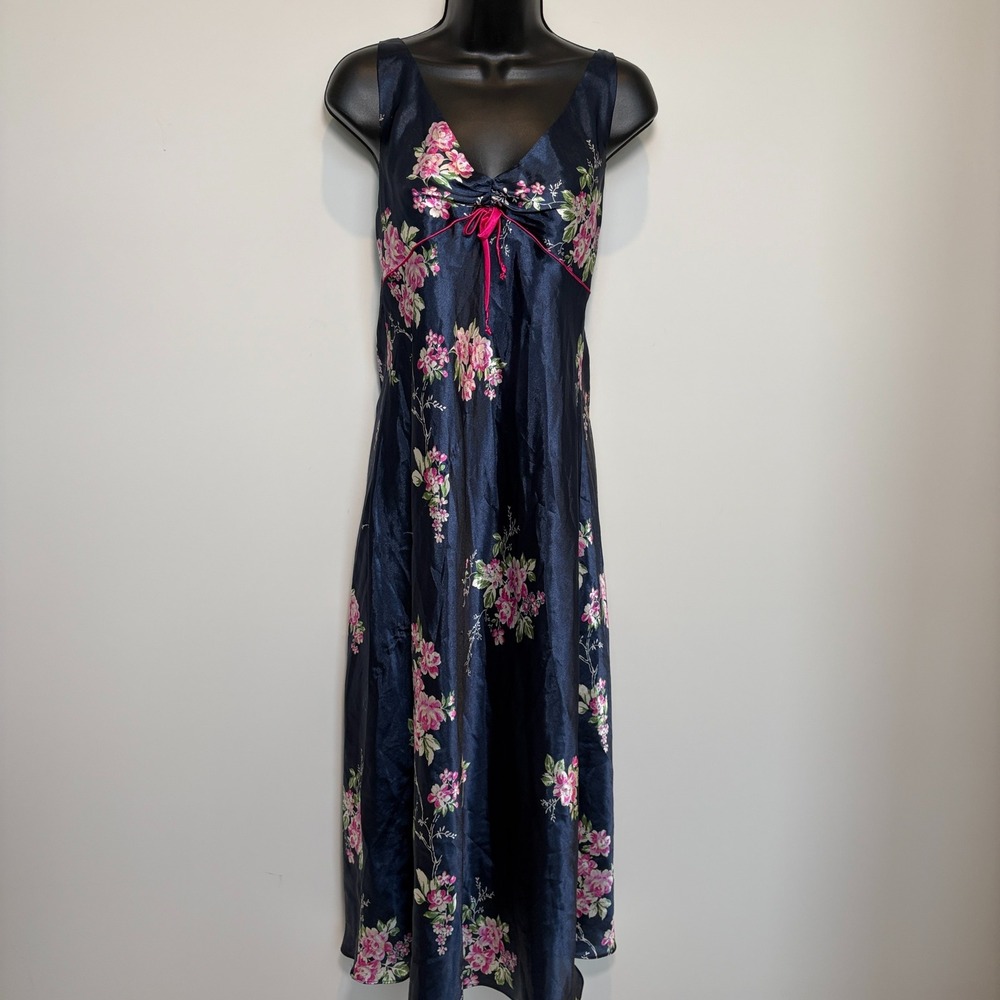 Jones New York Nightgown Floral Satin Sleep Dress Medium Navy Blue